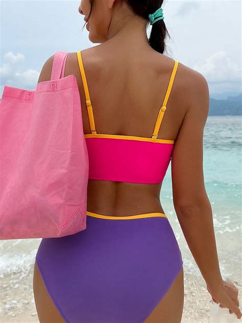 SHEIN Swim Vcay Color Block Bikini Set Contrast Binding Cami Top High
