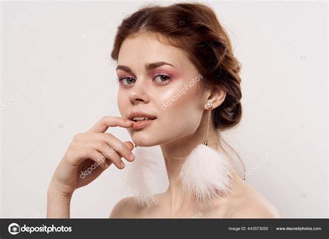 Beautiful Woman Bright Makeup Clean Skin Naked Shoulders Smile Glamor Stock Photo ShotStudio