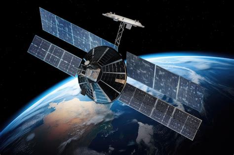 Усовершенствованный спутник с солнечными панелями и антеннами, видимыми ...
