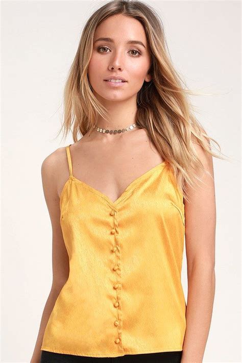 Luxe Look Golden Yellow Satin Button Up Cami Top In 2019 Lace Top Outfits Yellow Cami Tops