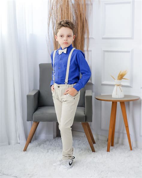 Calça Nude Camisa Manga Longa Azul Royal e Kit Gravata e Suspensório Infantil Lojinha da