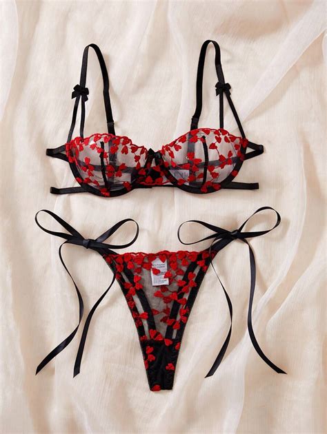 Pcs Set Sexy Women Lingerie Set Heart Embroidery Sheer Bra Panty Set Perfect For Valentine