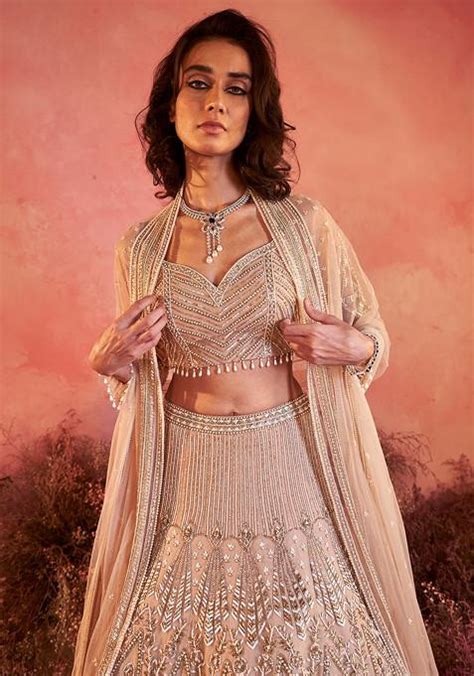 Buy Women Nude Pink Sanjh Embroidered Lehenga Set WLL Luxury Designers Indya