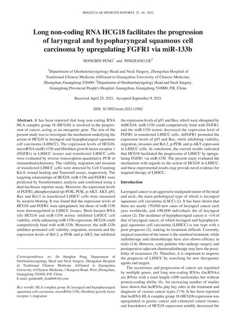 Pdf Long Non‑coding Rna Hcg18 Facilitates The Progression Of