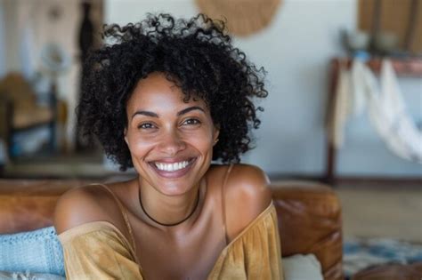 Premium Photo Portrait Of Cheerful Middle Aged African Woman At Home