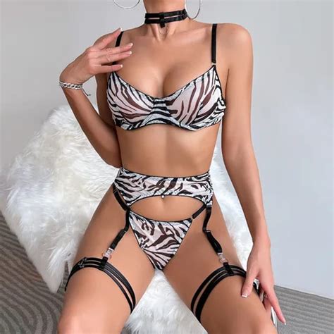 Buy Women Lingerie Setmesh See Through Sexy Zebra Print Temptation Exotic Lingerie Four Piece