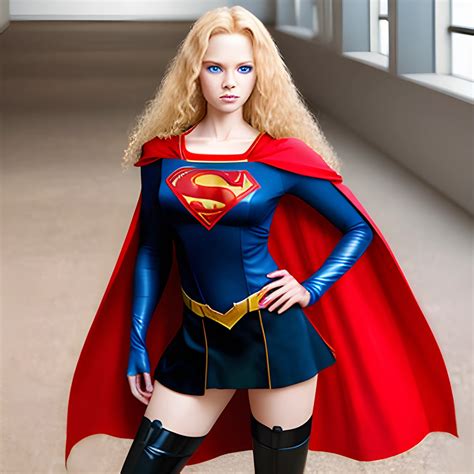 Sexy Woman Wearing Black Superman Suit Long Curly Blonde Hair Blue Eyes Full Body Wearing