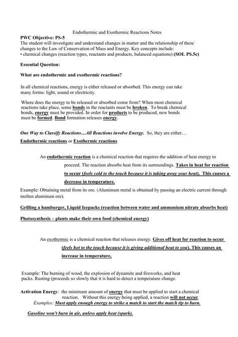 Endothermic And Exothermic Reactions Matching Pairs