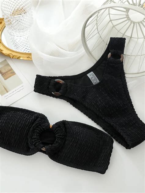 Shein Swim Basics Smocked Bikini Set Ring Linked Bandeau Bra Hipster Bottom Piece Bathing