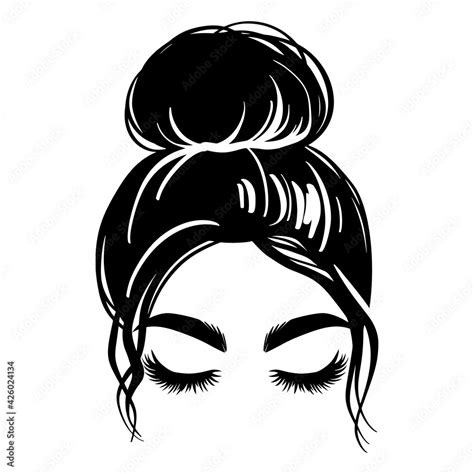 Messy hair bun, vector woman silhouette. Beautiful girl drawing ...