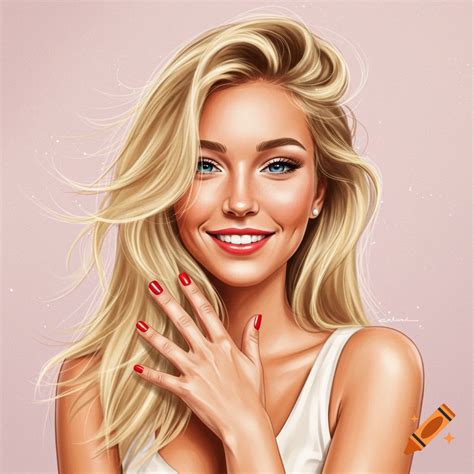 Portrait Of A Smiling Blonde Woman With Red Nails On Craiyon