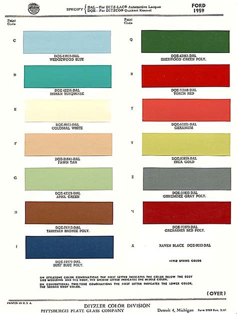 A 1959 Ford exterior paint chip color chart | Ford, Paint color codes ...