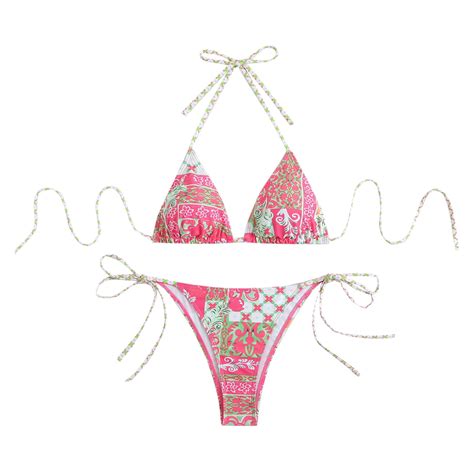Generic Women S 2 Piece Boho Swimsuits Floral Print Halter String Triangle Bikini Set Sexy Tie