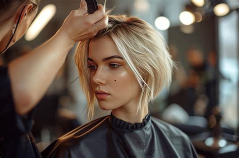 Premium AI Image A Beautiful Blonde Model Woman In The Hairdresser Ai Generative