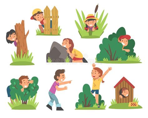 kids playing hide  seek concealing  tree  bush vector set