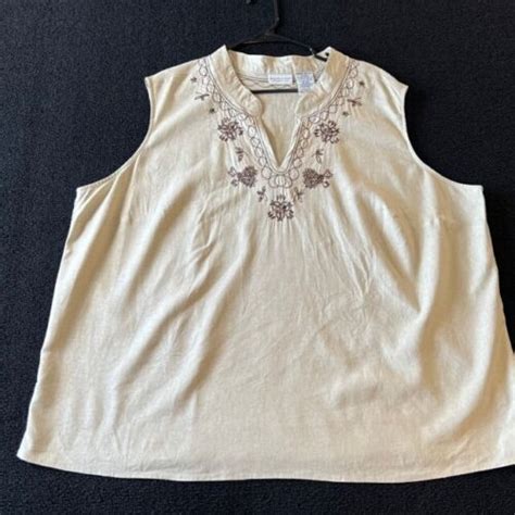 White Stag Womens Top Plus Size 26w 28w Linen Blend Oatmeal Embroidered