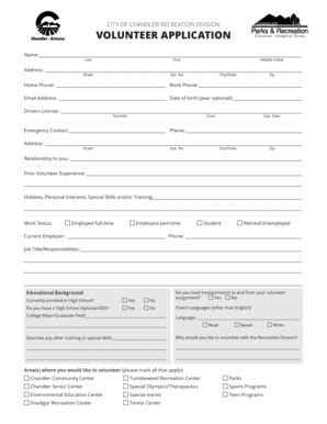 Fillable Online Chandleraz Recreation Division Volunteer Application