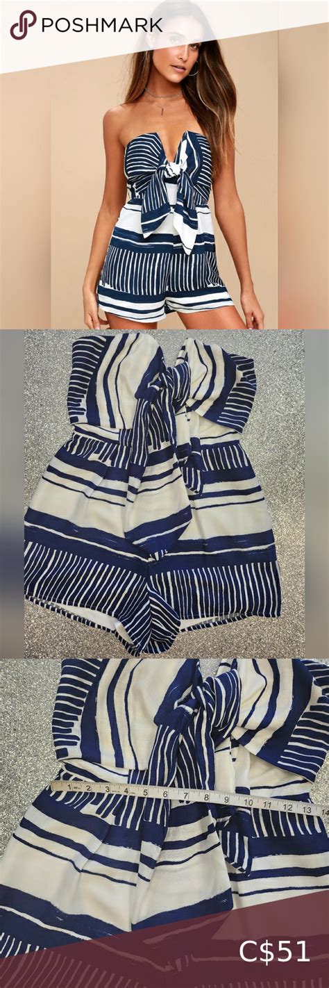 Lulus Delphi Blue And White Striped Tie Front Strapless Romper Size