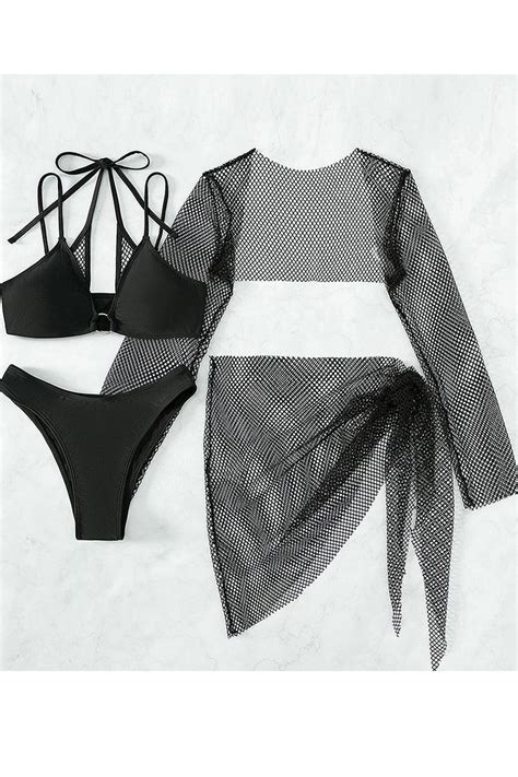 Black Netted Coverup 4 Piece Cheeky Swimsuit Bikini Amiclubwear