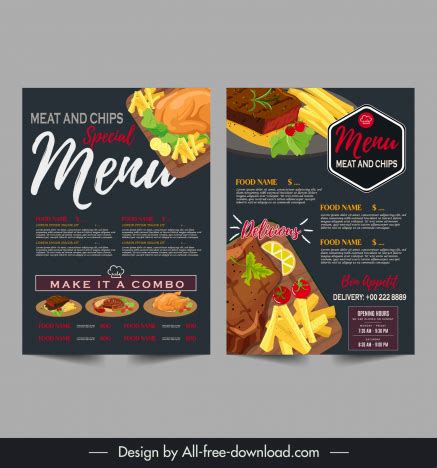 Meat Chips Restaurant Menu Design Template Elegant Dark Vectors Stock