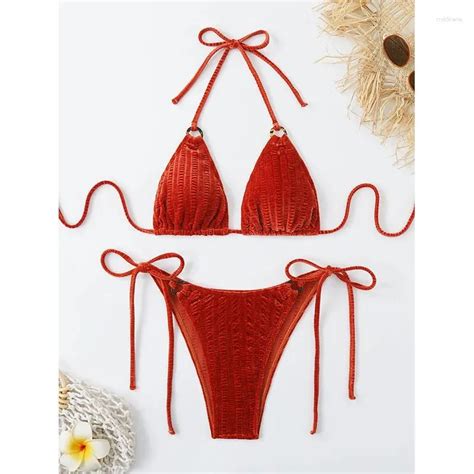 Red Micro Crinkle Bikini Set For Women Brazilian Biquini Thong Two Piece Swimsuit With Triangle