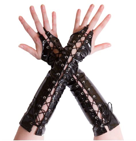 Pvc Gauntlet Gloves Fingerless Gothic Black Red Corset Lace Up Opera