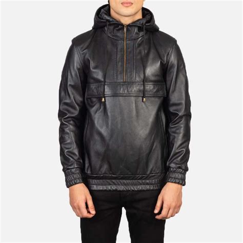 kenton hooded black leather pullover jacket   brown
