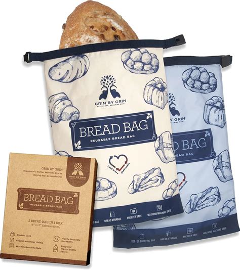 GRIN BY GRIN- 2 Packs Bread Bags to Keep Bread Fresh, Reusable Zipper ...