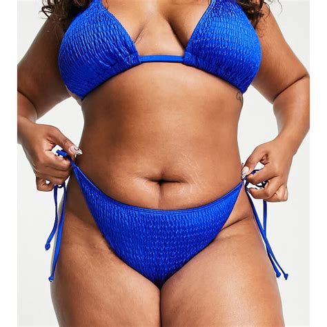 Esclusiva South Beach Curve Slip Bikini In Tessuto Stropicciato Blu Con Allacciatura Laterale