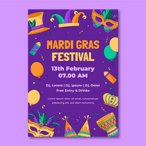 Plantilla de póster vertical de mardi gras dibujada a mano Vector Gratis