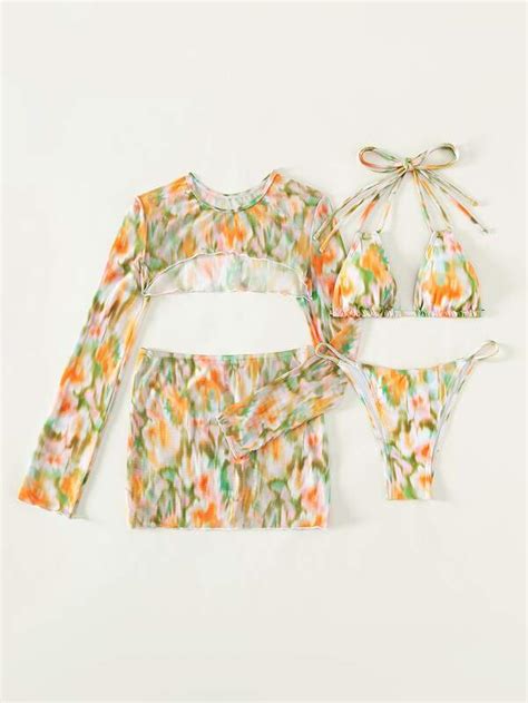 SHEIN Swim Y GLAM Tie Dye Print Bikini Set Halter Micro Triangle Bra Bikini Super Crop Cover