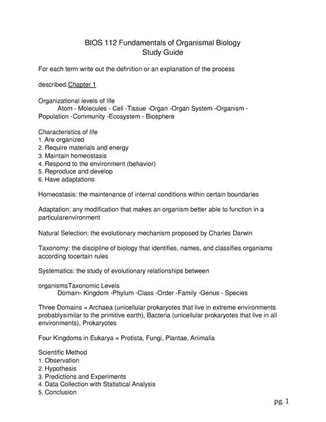 Organismal Biology Chapter 1 Study Guide - pg. 1 BIOS 112 Fundamentals