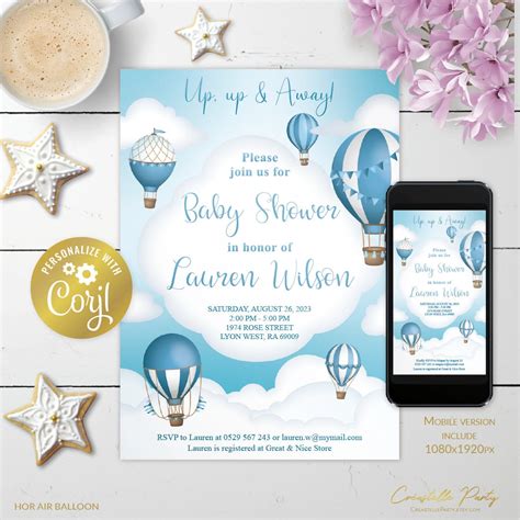 Hot Air Balloon Invitation Editable Up Up Away Baby Shower Etsy