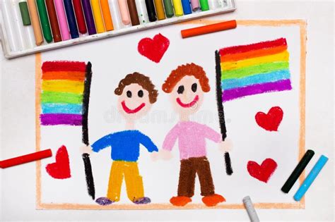 Dibujo Pares Gay Felices Con La Bandera Del Lgbt Stock de ilustración Ilustración de mano