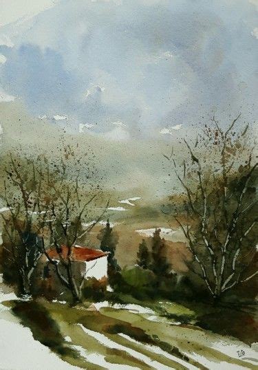 A Watercolor Painting Of Trees And Houses In The Distance With Snow On