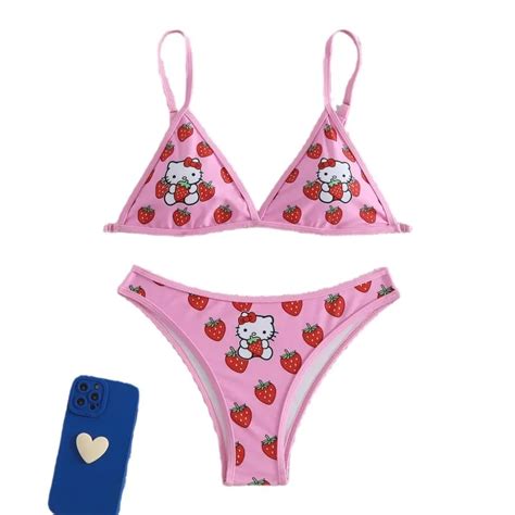 PCS Pink Strawberry Japanese Cat Bikini Set TeddyLoveEve Online Store Powered By Storenvy