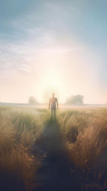 Un Hombre Se Para En Un Campo Con El Sol Brillando En Su Camisa Foto