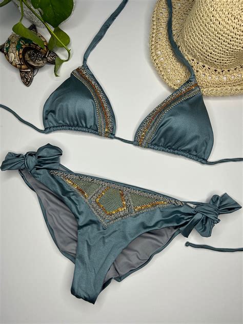 Two Piece Bikini Set Triangle Top Cheeky And Bottom Tie Straps Etsy