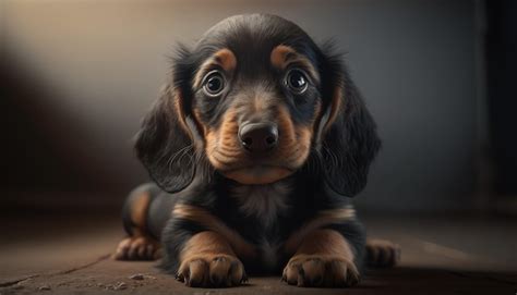 Premium Photo A Dachshund With Sad Eyes Is Laying On A Dark Surface