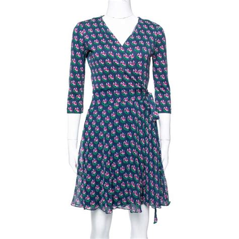 Diane Von Furstenberg Navy Blue Floral Print Silk Irina Wrap Dress S