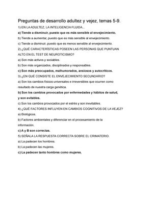 Preguntas exámenes Preguntas de desarrollo adultez y vejez temas 5 9