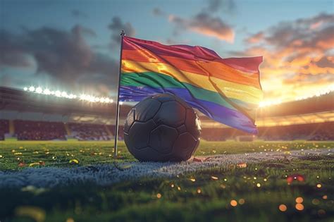 Premium Photo A Soccer Ball In A Stadium With A Gay Pride Rainbow Flag Flying
