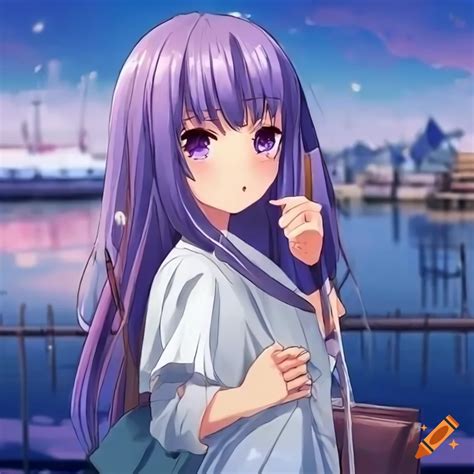 Anime Girl Watching Boats In A Bustling Harbor