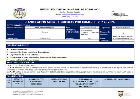 2024 Planificación 5 Semanas 8VOS CCNN Primer Trimestre UNIDAD