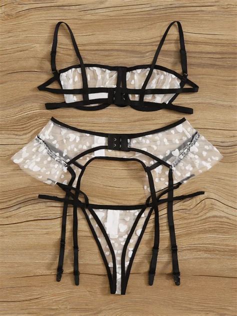Heart Print Garter Sheer Lingerie Set Women 3 Piece Mesh Lingerie With Under Wire Transparent