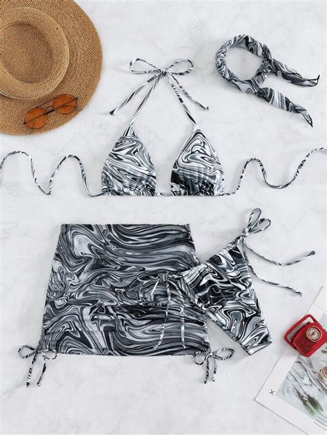 Shein Swim Y Glam Conjunto De Bikini De Patr N Fluido Abstracto Sujetador De Tri Ngulo Halter Y