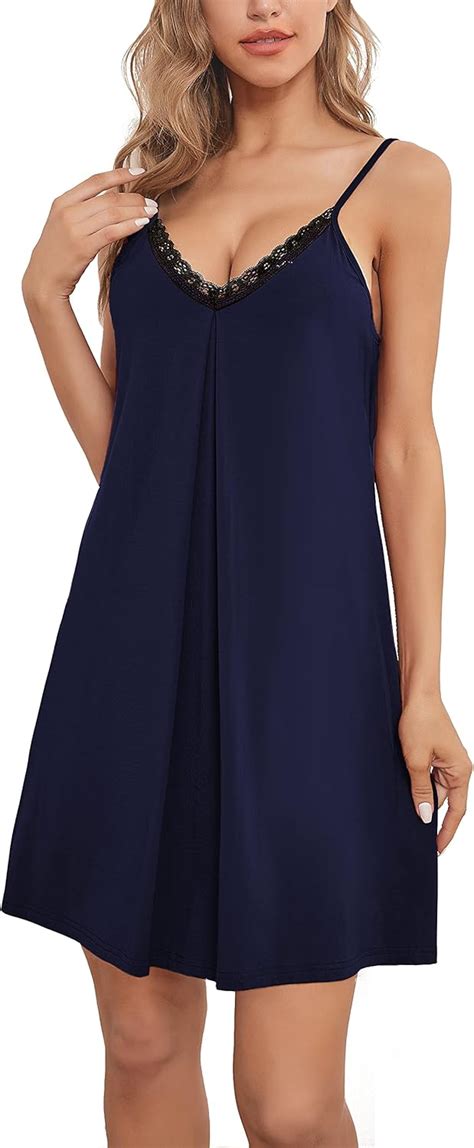 Giorzio Womens Chemise Sleepwear Full Slips Sexy Lace Nightgown Cotton Jersey Lingerie Navy Blue