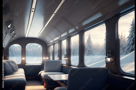 Interior of a luxury train travelling across a wintery landscape ...