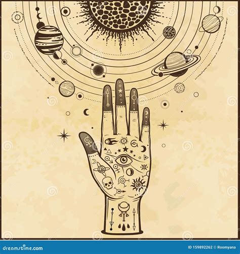 Tattoo Human Hand Holds a Stylized Solar System, Cosmic Symbols, Stars. Stock Vector ...