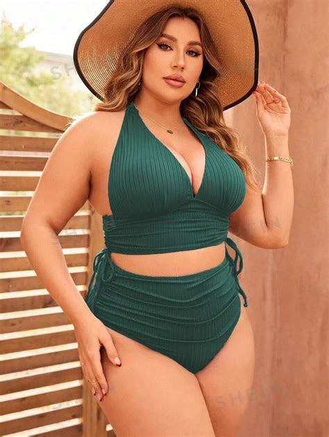 SHEIN Swim Curve Summer Beach Plus Size Women S Plain Color Bikini Set With Drawstring Halter